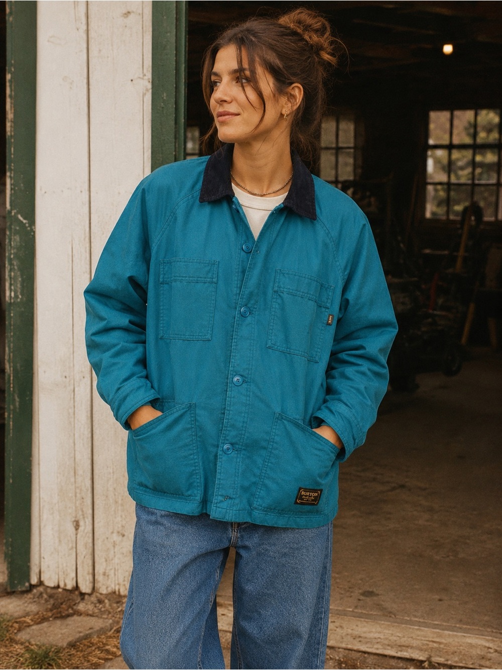 Burton Turquoise Chore Coat Utility Barn Workwear Jacket Corduroy Collar Small